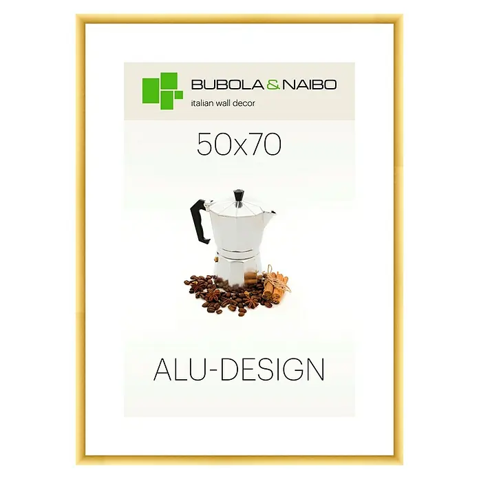 Bubola & Naibo Alurahmen Alu-Design I - Bildformat: 50 x 70 cm, Gold - Ein gerahmtes "Bubola & Naibo" Wanddekor mit einer italienischen Mokkakanne, Kaffeebohnen und Zimtstangen, Größe 50x70, Alu-Design.