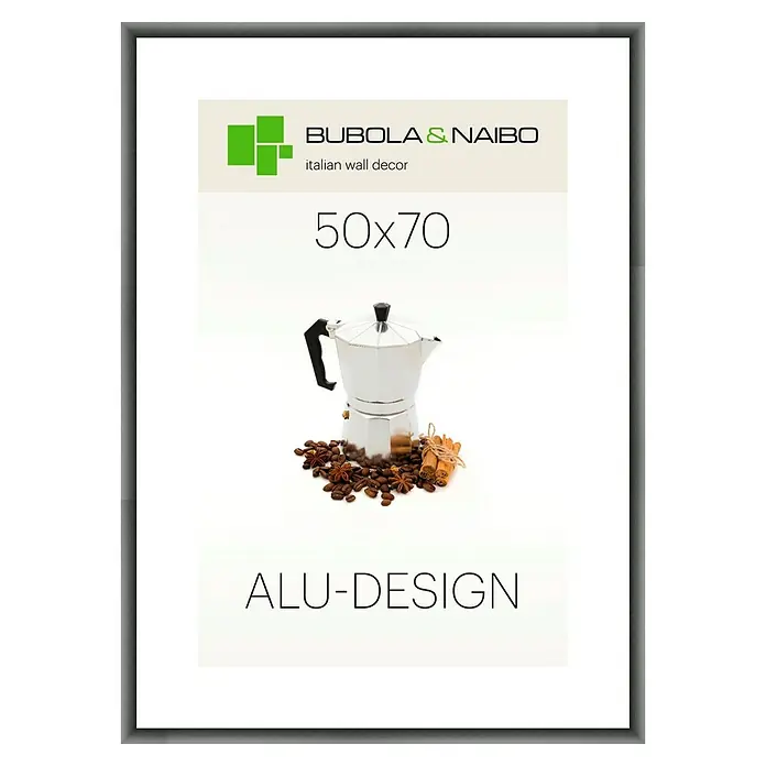 Bubola & Naibo Alurahmen Alu-Design I - Bildformat: 50 x 70 cm, Anthrazit - Gerahmtes Bild eines Espressokochers mit Kaffeebohnen und Zimtstangen, modernes Design für die Wanddekoration.