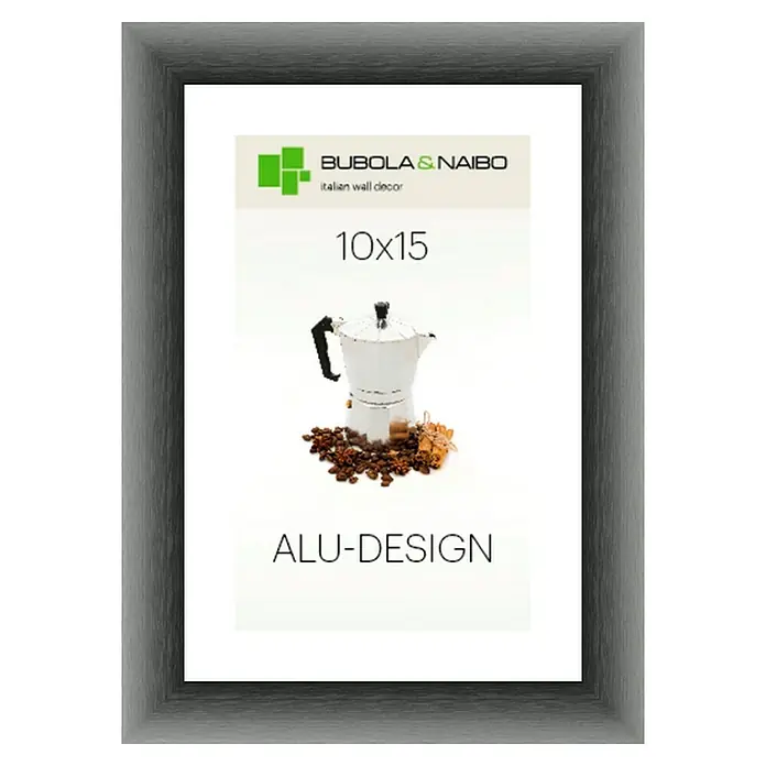 Bubola & Naibo Alurahmen Alu-Design I - Bildformat: 10 x 15 cm, Anthrazit - Silberner Aluminium-Design-Rahmen für ein stilvolles 10x15 cm großes Wandbild mit Kaffeemotiv.