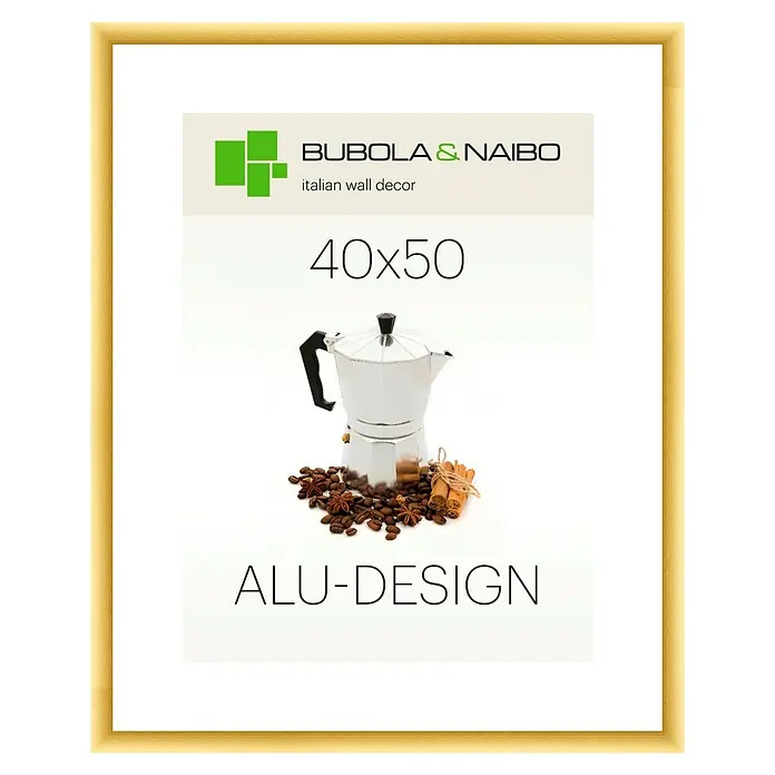Bubola & Naibo Alurahmen Alu-Design I - Bildformat: 40 x 50 cm, Gold - Gerahmtes Poster mit dem Aufdruck "Bubola & Naibo", italienische Wanddeko, Größe 40x50 cm, mit einer Kaffeekanne und Kaffeebohnen.