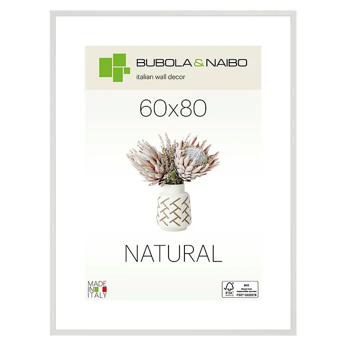 Bubola & Naibo Holzrahmen 4405/05 - 60 x 80 cm, Weiß - Ein gerahmtes Wandbild "Bubola & Naibo" mit dem Aufdruck "60x80 Natural" und einem Blumenmotiv.