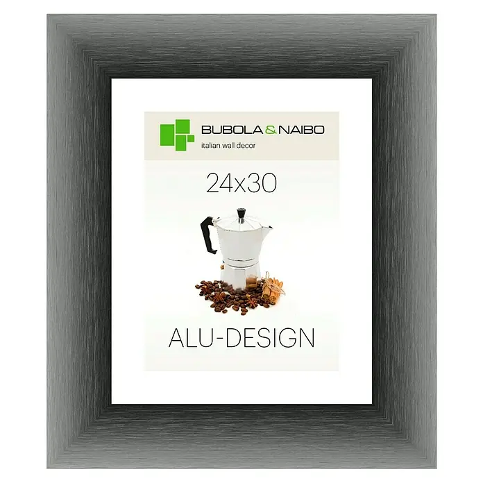 Bubola & Naibo Alurahmen Alu-Design II - Bildformat: 24 x 30 cm, Anthrazit - Ein silberner Alu-Design Bilderrahmen, der ein Kunstwerk mit dem Aufdruck "24x30" und einer italienischen Kaffeekanne stilvoll umrahmt.