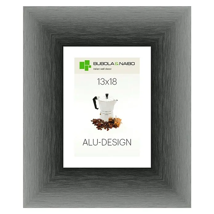 Bubola & Naibo Alurahmen Alu-Design II - Bildformat: 13 x 18 cm, Anthrazit - Silberner Bilderrahmen mit dem Aufdruck "13x18 Alu-Design".