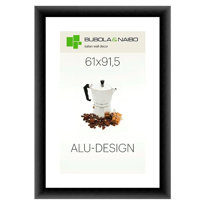 Bubola & Naibo Alurahmen Alu-Design II - Bildformat: 61 x 91,5 cm, Schwarz - Gerahmtes Poster "Bubola e Naibo Alu-Design" mit einem italienischen Kaffeezubereiter, Kaffeebohnen und Zimtstangen. Elegante Wanddekoration.