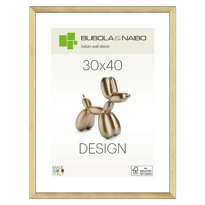 Bubola & Naibo Holzrahmen Maya - 30 x 40 cm, Gold - Ein goldfarbener Bubola & Naibo Bilderrahmen mit einem stilvollen Ballonhund-Design für eine elegante Wanddekoration.