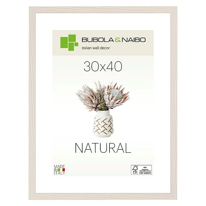 Bubola & Naibo Holzrahmen Tulipa 6340 - 30 x 40 cm, Weiß - Ein schlichter 30x40 cm großer Bilderrahmen in natürlicher Holzoptik, ideal für moderne Wanddekorationen und stilvolle Akzente in jedem Raum.