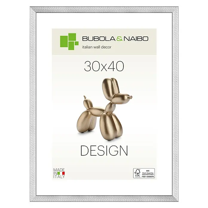 Bubola & Naibo Holzrahmen Maya - 30 x 40 cm, Silber - Silberner Bilderrahmen mit einem dekorativen Bild eines goldenen Ballonhundes und dem Schriftzug "DESIGN 30x40".