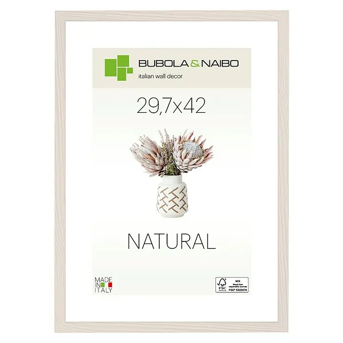 Bubola & Naibo Holzrahmen Tulipa 6340 - DIN A3 / 29,7 x 42 cm, Weiß - Ein eleganter Bilderrahmen in Naturholzoptik, der das Bild mit dem Blumenstillleben perfekt ergänzt und eine warme Atmosphäre schafft.