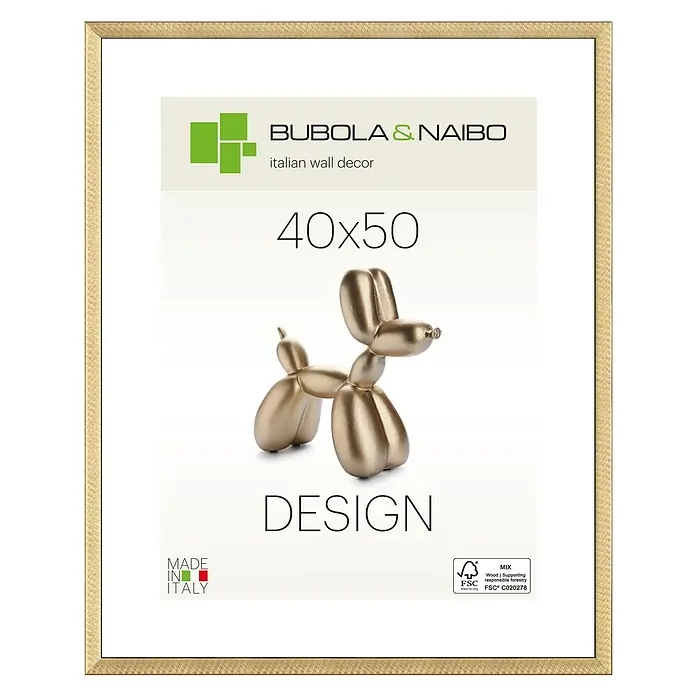 Bubola & Naibo Holzrahmen Maya - 40 x 50 cm, Gold - Ein gerahmtes Kunstwerk mit einem goldenen Ballonhund im Zentrum, umgeben von modernem Designelementen.