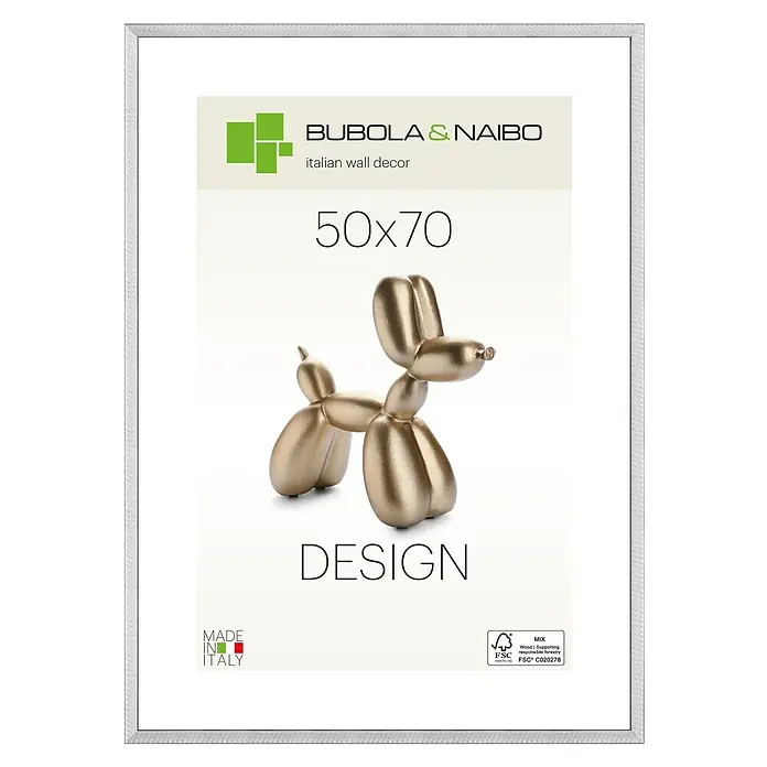Bubola & Naibo Holzrahmen Maya - 50 x 70 cm, Silber - Ein silberfarbener Bilderrahmen mit einem Kunstwerk, das einen goldenen Ballonhund zeigt, der "50x70 Design" präsentiert.