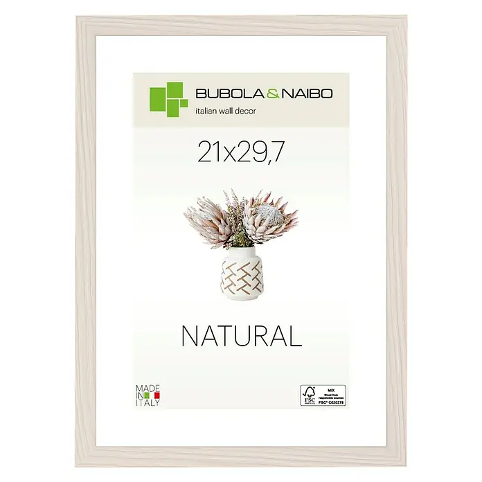 Bubola & Naibo Holzrahmen Tulipa 6340 - DIN A4 / 21 x 29,7 cm, Weiß - Ein stilvoller Bilderrahmen der Marke Bubola & Naibo für Wanddekorationen, ideal für Fotos im Format 21x29,7 cm. Das naturbelassene Design verleiht jedem Raum eine elegante Note.