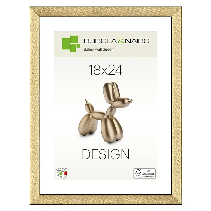 Bubola & Naibo Holzrahmen Maya - 18 x 24 cm, Gold - Ein goldfarbener Bilderrahmen "Bubola & Naibo" mit einem modernen Design und der Aufschrift "18x24 Design" für stilvolle Wanddekoration.