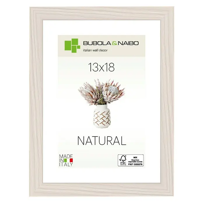 Bubola & Naibo Holzrahmen Tulipa 6340 - 13 x 18 cm, Weiß - Ein stilvoller, naturfarbener Bilderrahmen der Marke Bubola & Naibo, perfekt für Fotos im Format 13x18 und eine elegante Wanddekoration.