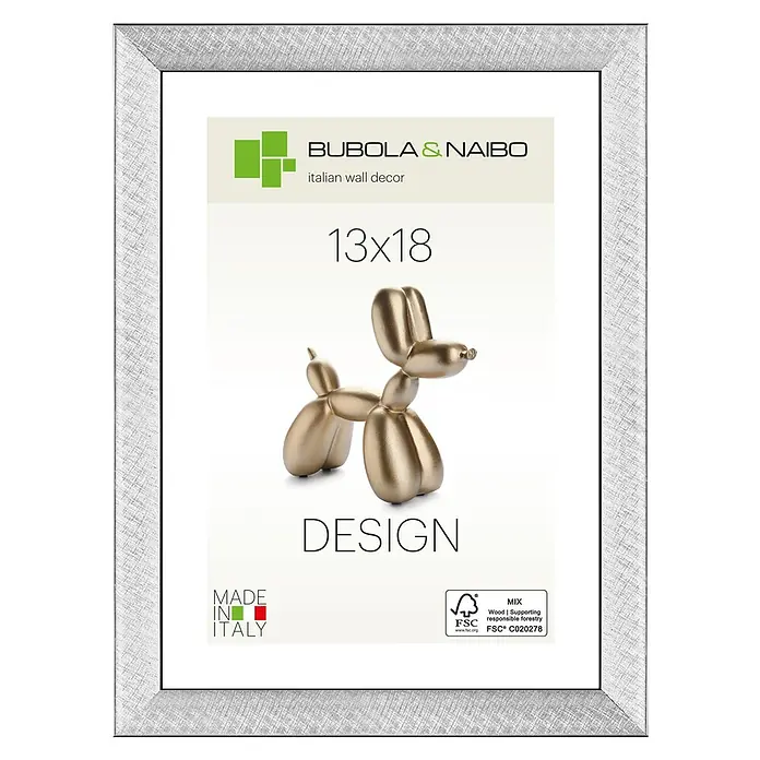 Bubola & Naibo Holzrahmen Maya - 13 x 18 cm, Silber - Ein silberfarbener Fotorahmen mit einem stilvollen Design, perfekt für die Präsentation von Fotos im Format 13x18 und zur Wanddekoration.