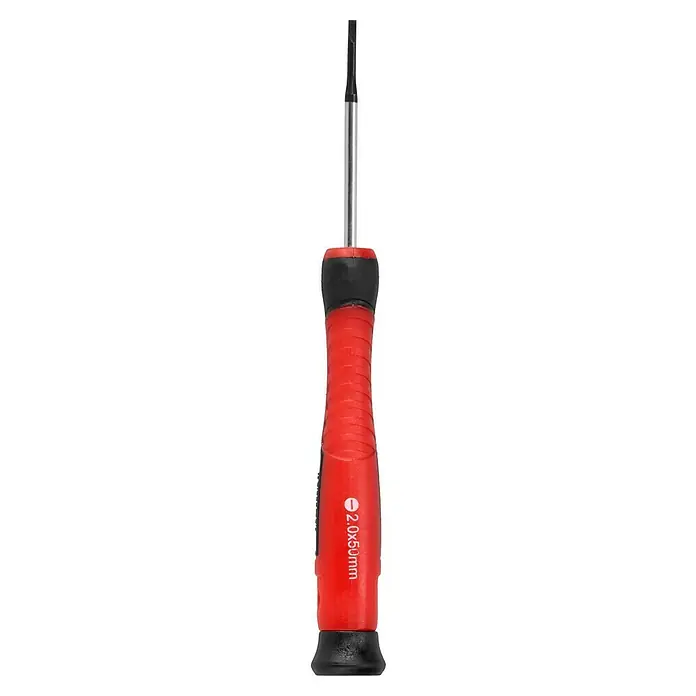 Alpha Tools Werkzeug-Set - 26 -tlg. - Nahaufnahme eines Schlitzschraubendrehers mit rotem Griff und schwarzem Ende.