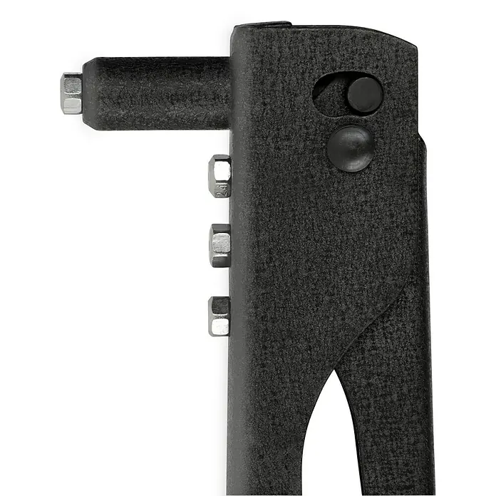 Alpha Tools Blindnietzangen-Set - 4 -tlg. - Nahaufnahme eines robusten, schwarzen Metallprodukts, das durch Bolzen und Nieten zusammengehalten wird. Ideal für den industriellen Einsatz.