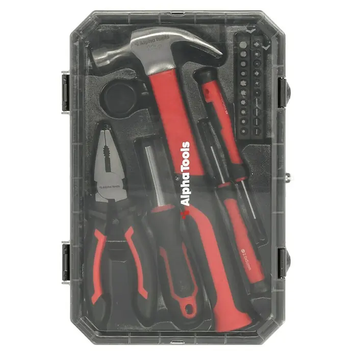 Alpha Tools Werkzeug-Set - 26 -tlg. - Ein transparentes Gehäuse mit einer Auswahl an Alpha Tools Werkzeugen, darunter ein Hammer, eine Zange und Schraubendreher.