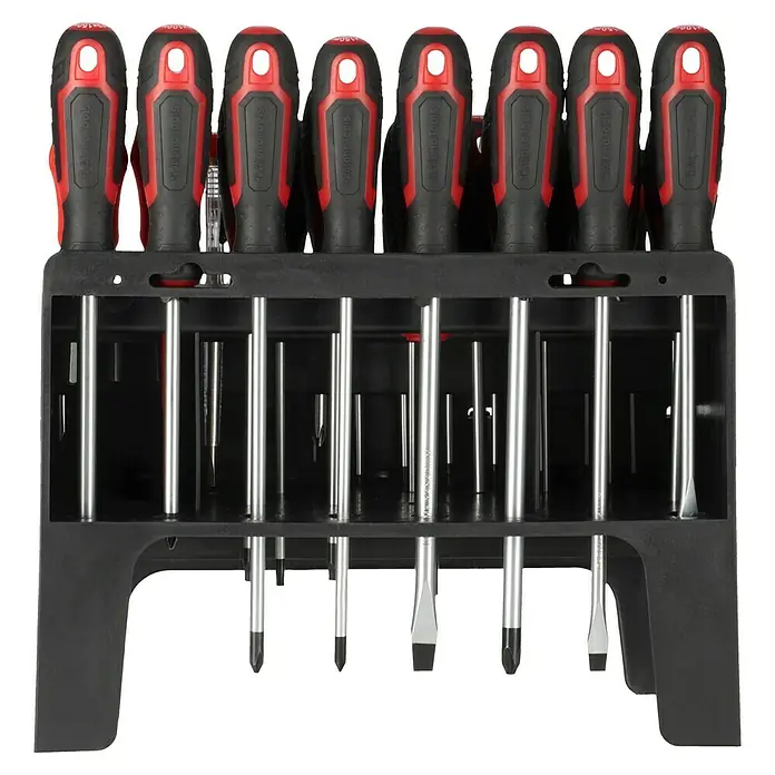 Alpha Tools Schraubendreher-Set - 101 -tlg. - Sortiment von Schraubendrehern mit roten und schwarzen Griffen in einer Halterung. Ideal für Heimwerker und Profis.