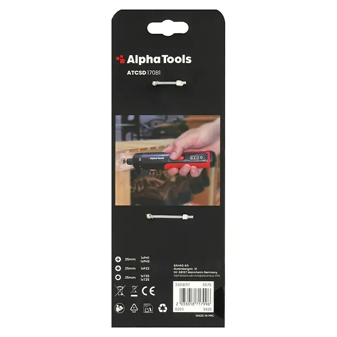Alpha Tools Elektronischer Schraubendreher - 4 V, 4 Nm - Verpackung der Alpha Tools ATCSD 170B1, einem Akku-Schraubendreher mit verschiedenen Bits, ideal für Heimwerkerarbeiten und Reparaturen.