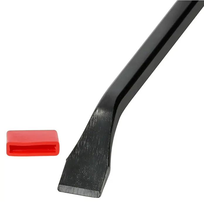 Alpha Tools Stechbeitel-Set - 4 -tlg. - Nahaufnahme eines schwarzen Meißels mit roter Schutzkappe, ein unverzichtbares Werkzeug für präzise Arbeiten.