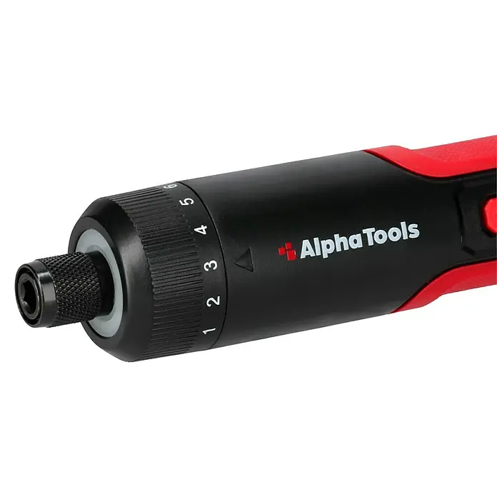 Alpha Tools Elektronischer Schraubendreher - 4 V, 4 Nm - Nahaufnahme eines Alpha Tools-Präzisionsschraubendrehers mit einstellbarem Drehmoment für filigrane Arbeiten.