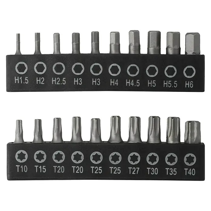 Alpha Tools Schraubendreher-Set - 101 -tlg. - Ein Set mit verschiedenen Schraubendreher-Bits, inklusive Inbus- und Torx-Bits, ordentlich in einem Halter angeordnet.