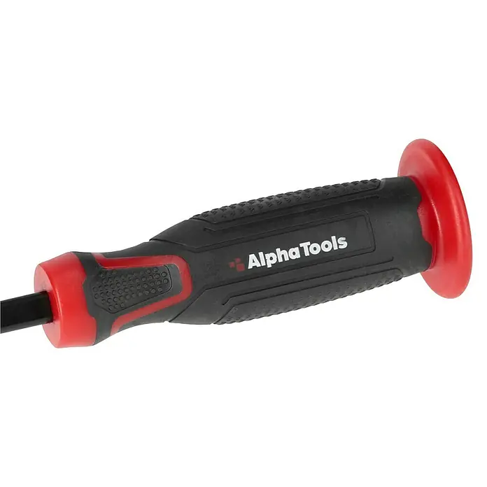 Alpha Tools Stechbeitel-Set - 4 -tlg. - Nahaufnahme des Griffs eines Alpha Tools-Meißels. Er verfügt über einen schwarzen Griff mit roten Enden und dem Alpha Tools-Logo.