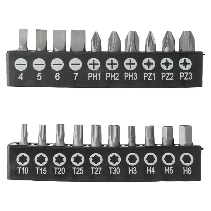 Alpha Tools Werkzeug-Set - 26 -tlg. - Schraubendreher-Bit-Set mit verschiedenen Größen und Typen, ordentlich in einem Halter präsentiert für einfache Organisation.