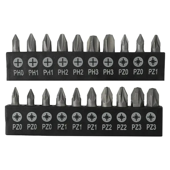 Alpha Tools Schraubendreher-Set - 101 -tlg. - Ein Set mit verschiedenen Schraubendreher-Bits in einem schwarzen Halter, sortiert nach Größe und Typ für verschiedene Schrauben.