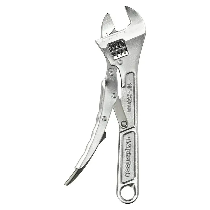 Alpha Tools Rollgabelschlüssel - Schlüsselweite: 0 mm - 30 mm - Bild einer verstellbaren Alphatools-Rohrzange aus Chrom-Vanadium-Stahl mit einer Länge von 250 mm.