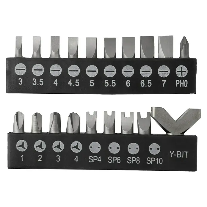 Alpha Tools Schraubendreher-Set - 101 -tlg. - Ein Set mit verschiedenen Schraubendreher-Bits, inklusive Schlitz-, Kreuzschlitz- und Spezialbits, übersichtlich in einer Halterung angeordnet.