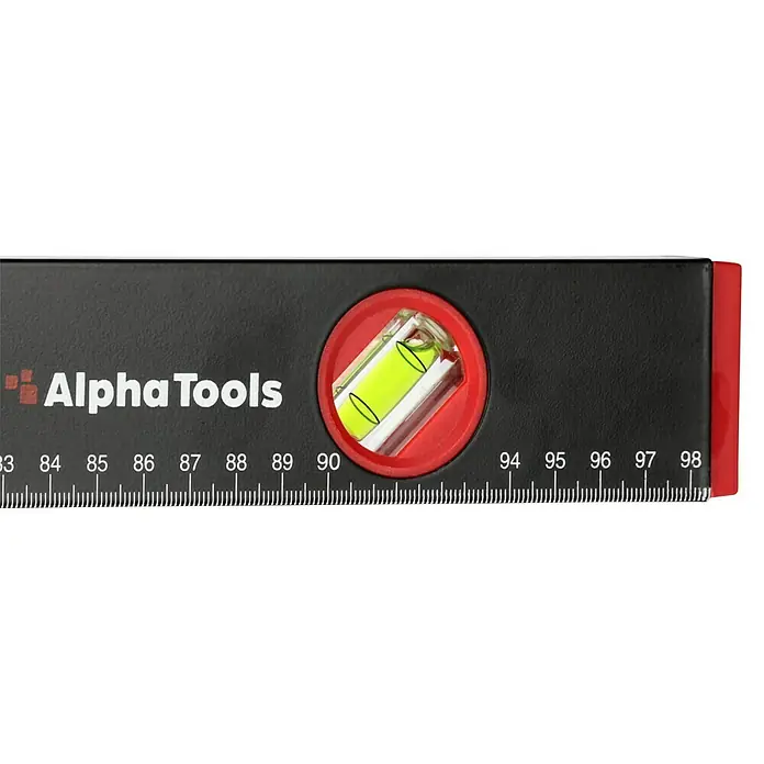 Alpha Tools Wasserwaagen-Set - 3 Stk. - Die Wasserwaage von Alpha Tools zeigt eine Blase zwischen den Markierungen, was auf eine korrekte Ausrichtung hinweist.