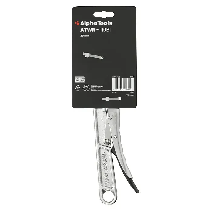 Alpha Tools Rollgabelschlüssel - Schlüsselweite: 0 mm - 30 mm - Alpha Tools ATWR-110B1 Gripzange, 250 mm, verpackt. Das Werkzeug ist silbern und die Verpackung ist schwarz mit weißen Aufdrucken.