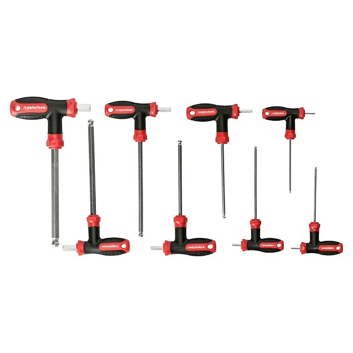 Alpha Tools Stiftschlüsselsatz T-Griff - 8 -tlg. - Das Bild zeigt ein Set von Alpha Tools T-Griff-Schlüsseln in verschiedenen Größen, die in einer Werkstatt oder Garage nützlich sind.
