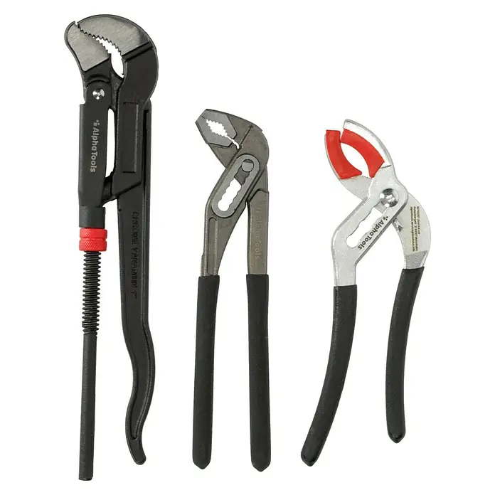 Alpha Tools Zangen-Set - 3 -tlg., 1 x Wasserpumpenzange, 1 x Verstellbare Armaturenzange, 1 x Rohrzange - Alpha Tools Rohrzangen Set: Vielseitige Werkzeuge für jeden Einsatzbereich, robust und zuverlässig für professionelle Ergebnisse.