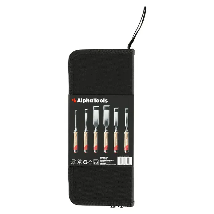Alpha Tools Stechbeitel-Set - 6 -tlg. - Abbildung einer schwarzen Werkzeugtasche mit Alpha Tools Stechbeitelset. Ideal für präzise Holzarbeiten mit verschiedenen Größen für jede Aufgabe.