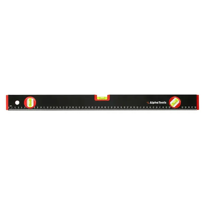 Alpha Tools Wasserwaagen-Set - 3 Stk. - Eine schwarze Wasserwaage von Alpha Tools mit roten Elementen und einer Skala zur genauen Messung.