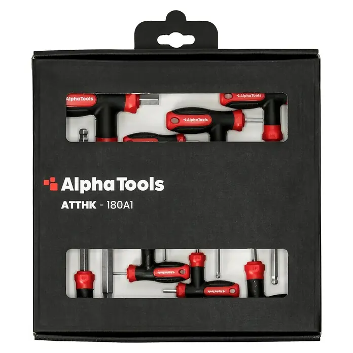 Alpha Tools Stiftschlüsselsatz T-Griff - 8 -tlg. - Eine schwarze Alpha Tools ATTHK-180A1 Werkzeugbox mit roten Schraubendrehern. Das Set ist ideal für Heimwerker und Profis.