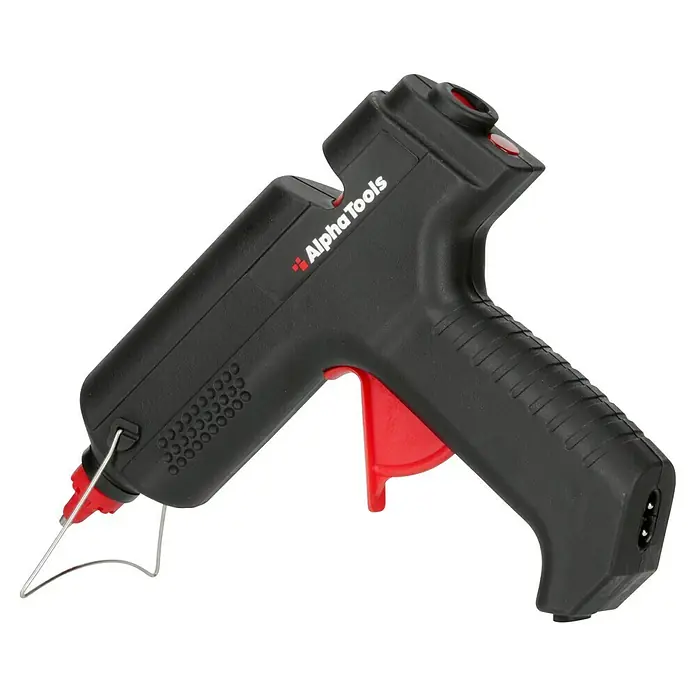Alpha Tools Pistola termoencoladora ATGGN - 500 W, Diámetro cartucho de cola: 11 mm - 12 mm - Primer plano de una pistola de pegamento caliente negra Alpha Tools con gatillo rojo, sobre un fondo negro.