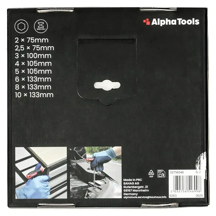 Alpha Tools Stiftschlüsselsatz T-Griff - 8 -tlg. - Bild einer Alpha Tools Box mit Größenangaben für Innensechskant-Schraubendreher, Herstellungsdetails und Barcode.