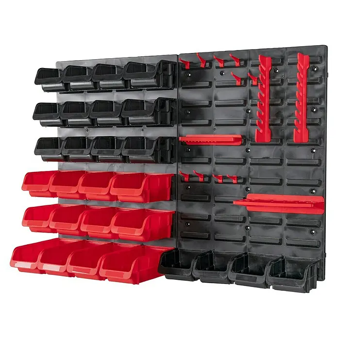 Alpha Tools Aufbewahrungs-Set - 75 -tlg. - Ordnungssystem mit roten und schwarzen Aufbewahrungsboxen und Werkzeughaltern für Werkstatt oder Garage. Praktische Wandaufbewahrungslösung.