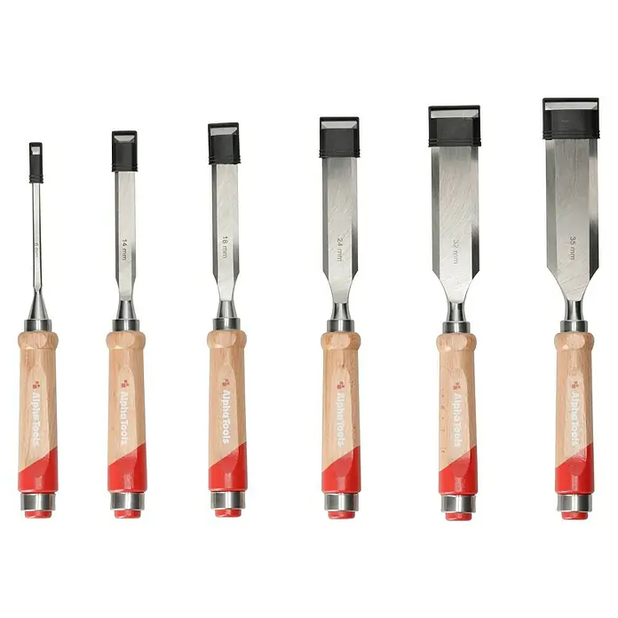 Alpha Tools Stechbeitel-Set - 6 -tlg. - Das Bild zeigt eine Reihe von Alpha Tools Stecheisen in verschiedenen Größen, von 6 mm bis 35 mm, die für präzise Holzarbeiten geeignet sind.