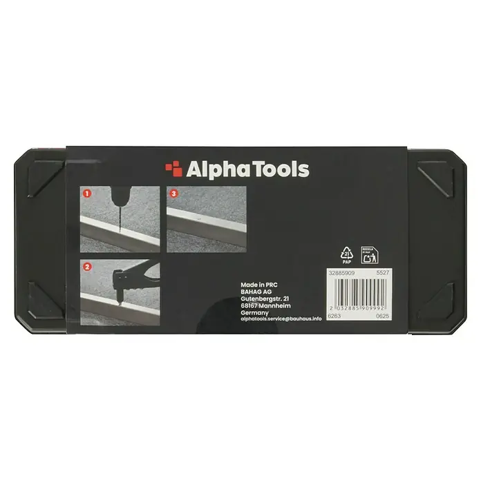 Alpha Tools Blindnietzangen-Set - 4 -tlg. - Abbildung der Alpha Tools-Produktverpackung, die die Marke, Anweisungen und Recyclinginformationen anzeigt.