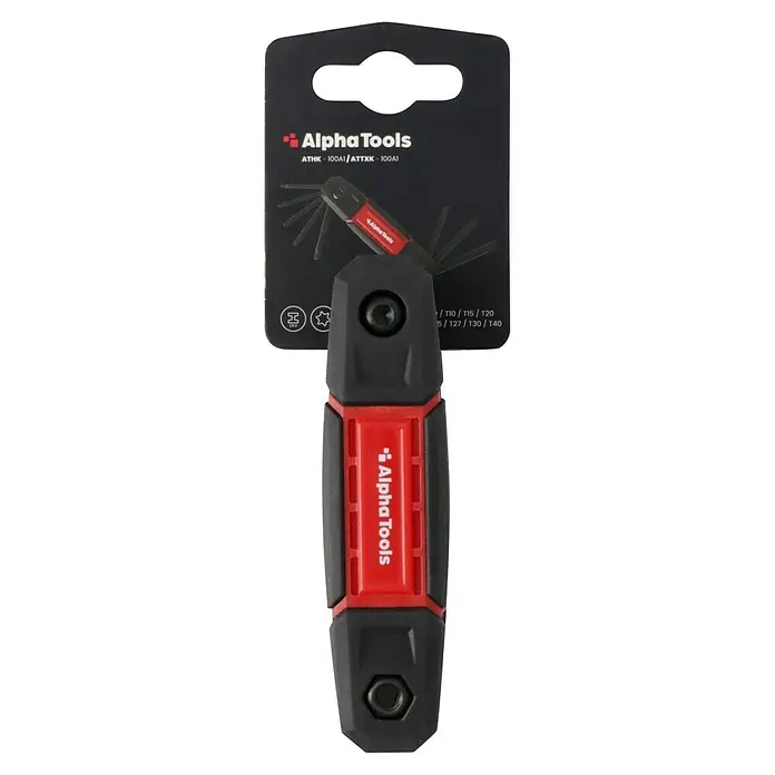 Alpha Tools Stiftschlüsselsatz - 8 -tlg. - Abbildung eines Alpha Tools Klapp-Torx-Schlüsselsatzes mit einem schwarz-roten Griff und verschiedenen Torx-Schlüsselgrößen.