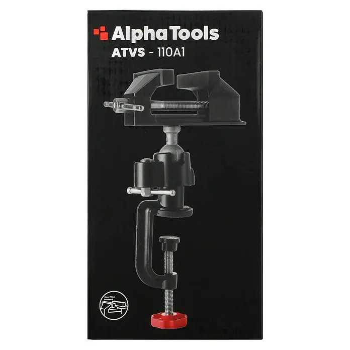 Alpha Tools Tisch-Schraubstock - 360 ° drehbar, Spannweite: 0 mm - 72 mm - Produktbild einer Tischklemme von Alpha Tools, Modell ATVS-110A1, mit Schraubstock und roter Basis.