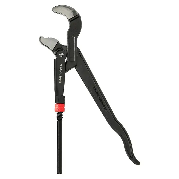 Alpha Tools Zangen-Set - 3 -tlg., 1 x Wasserpumpenzange, 1 x Verstellbare Armaturenzange, 1 x Rohrzange - Nahaufnahme eines Rohrzangenschlüssels von Alpha Tools. Das Werkzeug verfügt über einen verstellbaren Kopf und einen langen Griff für optimale Hebelwirkung.