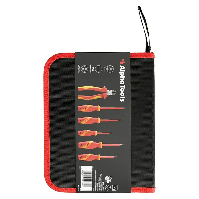 Alpha Tools Elektriker-Schraubendreher - 6 -tlg. - Das Bild zeigt ein Alpha Tools Werkzeugset, bestehend aus Schraubendrehern und Seitenschneider, verpackt in einer roten und schwarzen Tasche.