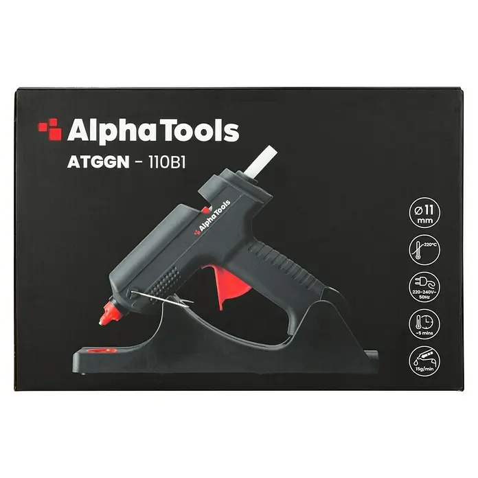 Alpha Tools Heißklebepistole - 500 W, Durchmesser Klebepatrone: 11 mm - 12 mm - Das Bild zeigt eine Alpha Tools ATGGN-110B1 Heißklebepistole in ihrer Verpackung, die Details wie Düsendurchmesser und Temperatur hervorhebt.