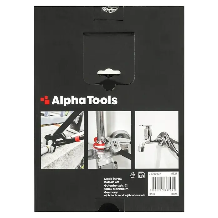 Alpha Tools Zangen-Set - 3 -tlg., 1 x Wasserpumpenzange, 1 x Verstellbare Armaturenzange, 1 x Rohrzange - Produktverpackung von Alpha Tools, einer Marke für Werkzeuge. Die Packung zeigt Bilder von Rohrzangen im Einsatz.