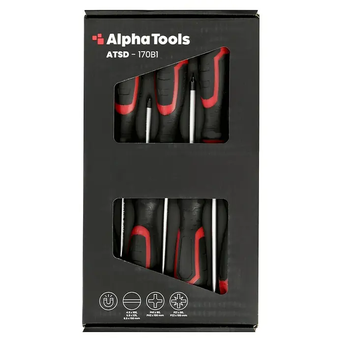 Alpha Tools Schraubendreher-Set - 7 -tlg. - Eine Alpha Tools ATSD-170B1 Schraubendreher-Satzpackung, die verschiedene Schraubendrehertypen und -größen für unterschiedliche Aufgaben enthält.